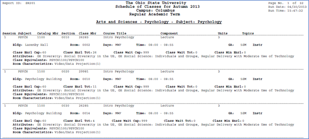 Screenshot Print Class Schedule Report Results