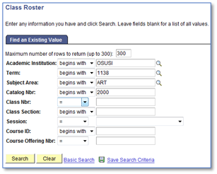 Screenshot of class roster and search criteria