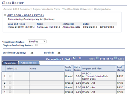 Screenshot of the class roster of an Art 2000 course