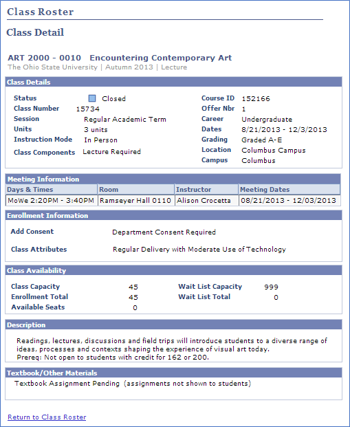Screensot of class roster class details of Art 2000
