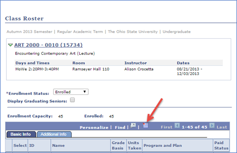 Screenshot of class roster and how to create an excel spreadsheet of enrolled students