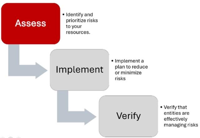 prioritize risks to your resources. Implement a plan to reduce or minimize risks. Verify that entities are effectively managing risks
