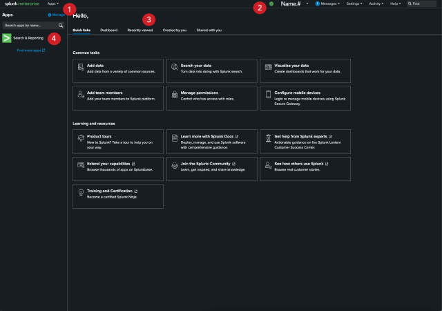 Splunk Home page with areas labeled with numbers for descriptions