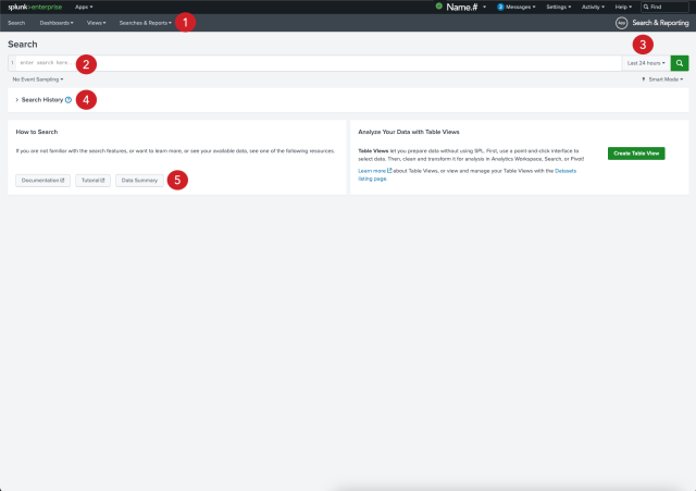 Splunk Search homepage with areas labeled with numbers for descriptions