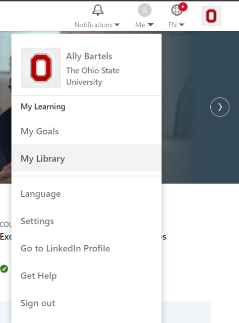 LinkedIn Learning navigation with My Library highlighted