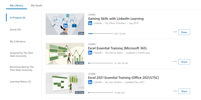 My Library in LinkedIn Learning showing In Progress courses