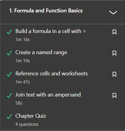 Completed sections within a LinkedIn Learning course indicated with a green check mark