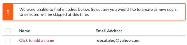 Screen that displays to administrators when a user does not have have a ScarletCanvas account, showing the option to click to add a name in order to create a new user