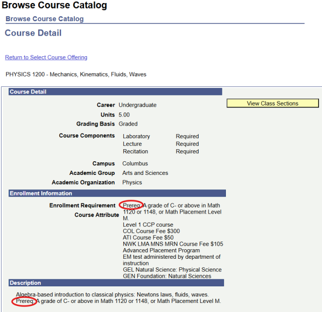 Screenshot of pre requisites for a physics course in the course catalog