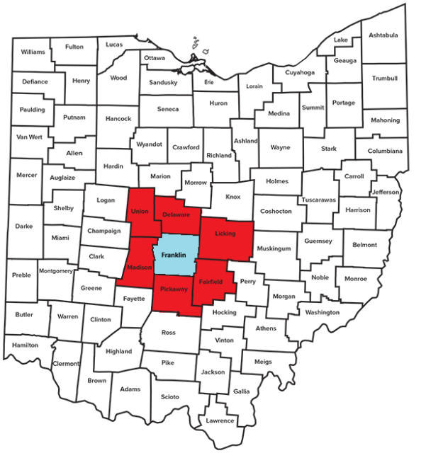 Map of Ohio and all campuses outside of Columbus