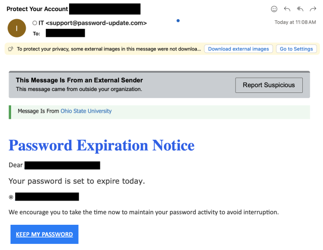 Email suggested a password expiration notice with a button labeled "keep my password"