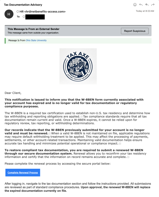 Email from Tax Axe, a fake tax prep company threatening recipients about expired tax documents