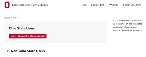 Ohio State Software Directory Log in page displaying red Log in with your Ohio State credentials button