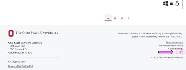 Ohio State Software Directory homepage with log in link called out in a pink box with a pink arrow pointing to it