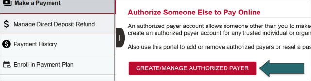 A screenshot of the Finances page in My Buckeye Link with Make a Payment selected in the left sidebar menu. The action displayed on the right is “Authorize Someone Else to Pay Online” and beneath this, an action button titled “Create Slash Manage Authorized Payer.” 