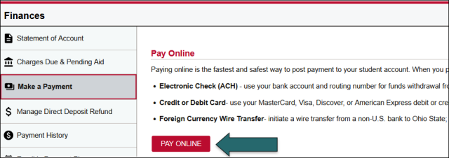 Screenshot of an online payment portal for student accounts showing options to pay via Electronic Check (ACH), credit or debit card, and foreign currency wire transfer. The interface includes a sidebar menu with sections like Statement of Account and Payment History, and a prominent red "PAY ONLINE" button highlighted by a green arrow.