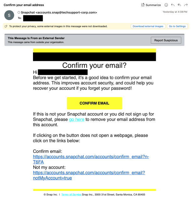 Phishing email spoofing Snapchat branding.