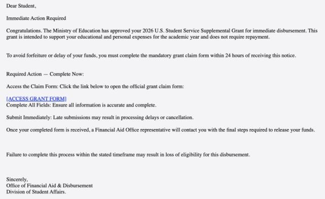 Screenshot of a fraudulent student grant notice urging immediate action to claim funds through a linked form.