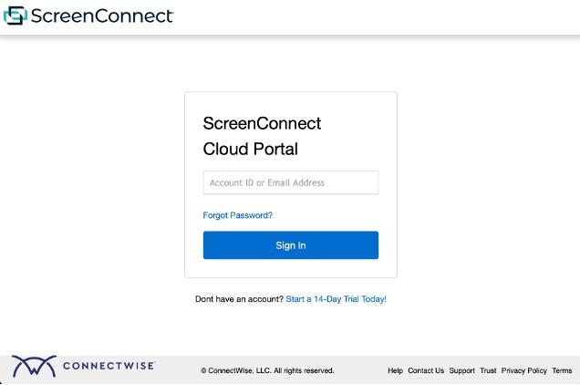 ScreenConnect Cloud Portal sign-in page with a field for an account ID or email address and a blue Sign In button.
