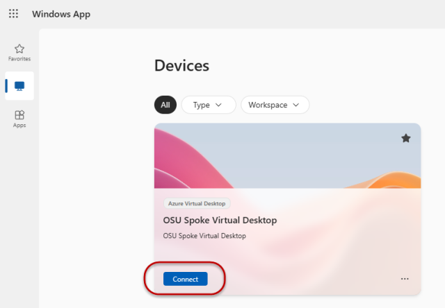 Virtual Desktop Azure Main landing page after successfully logging in