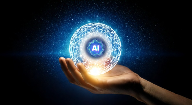 Hand holding a glowing orb with the text AI