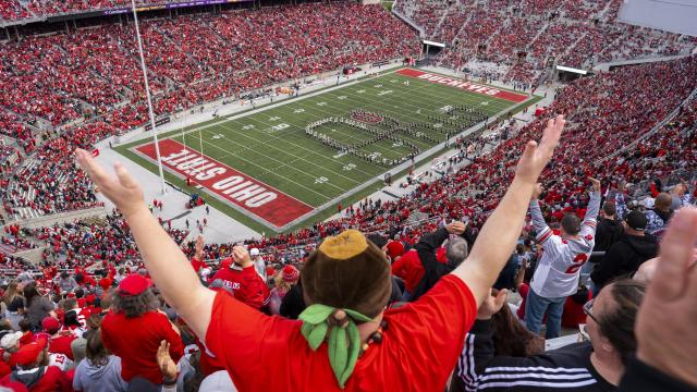 An Ohio State fan wearing a buckeye nut hat cheers on the Best Damn Band in the Land as they perform Script Ohio in the Ohio Stadium