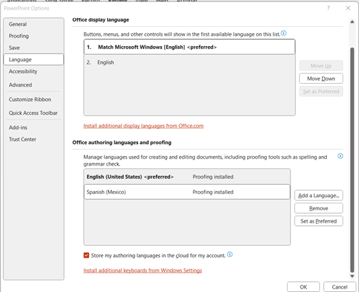 PowerPoint's Language Preferences display showing where the user would change the presentation's language.