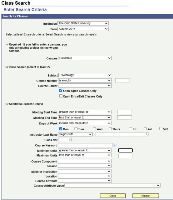 Class search with search criteria fields completed