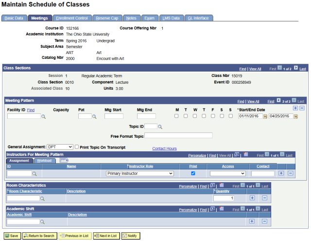 Meetings tab of Maintain Schedule of Classes