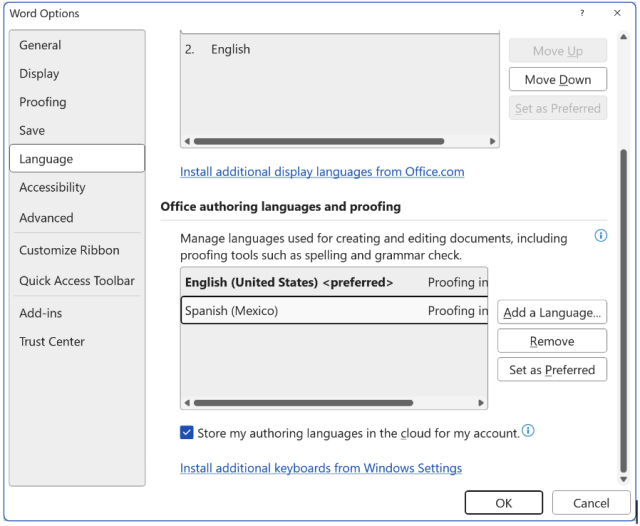 Word's Language Preferences display showing where the user would change the document's language.