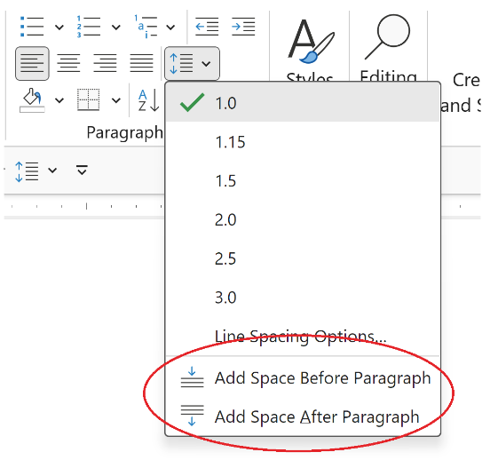 Word's paragraph spacing feature showing how a user can add space before and after a paragraph.