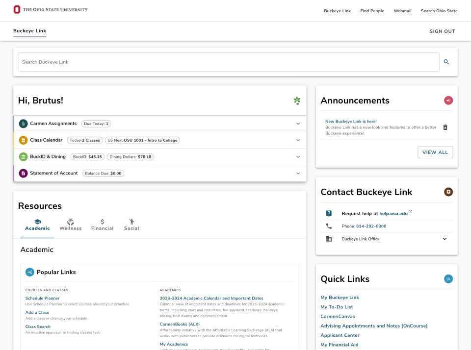 The new dashboard for Buckeye Link, showing assignments, grades and more personalized information.