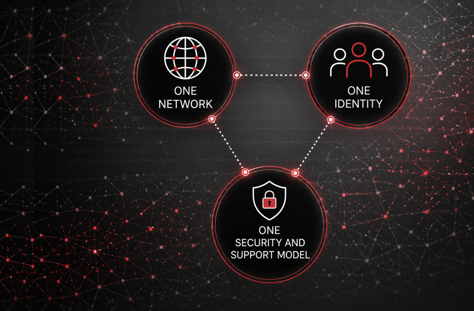 graphic depiction of the Brilliant Basics: One Network, One identity and One Security and Support Model