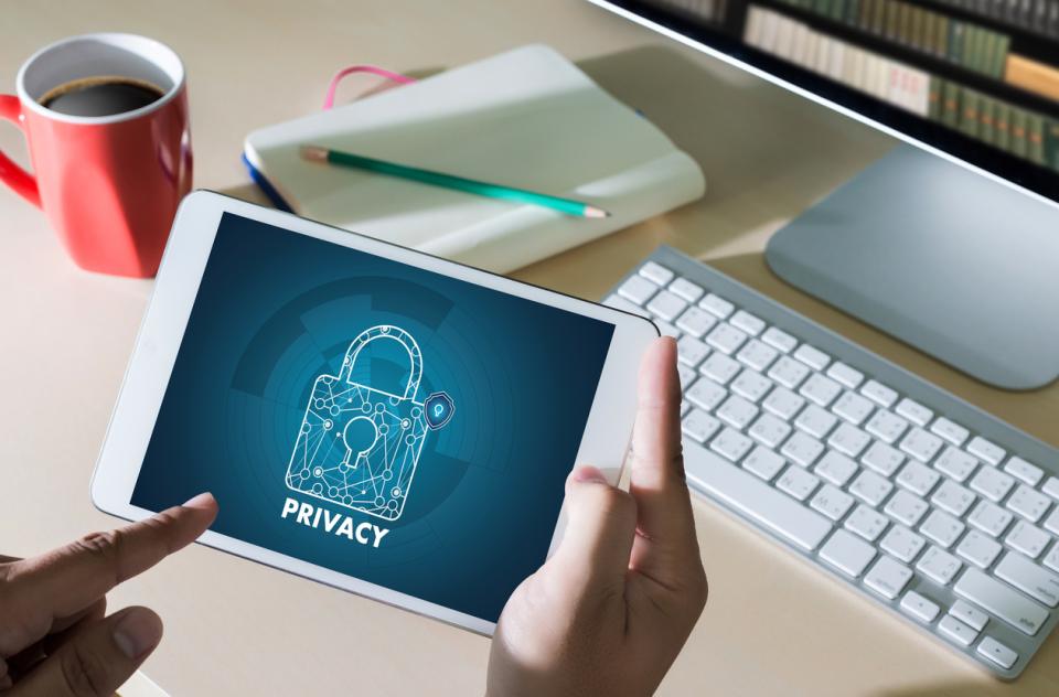 A person holding a tablet with a screen showing a digital lock labeled 'privacy'