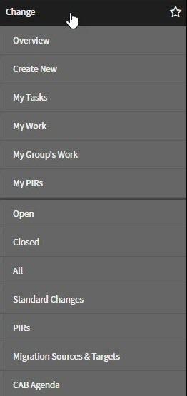 Change management section in navigation panel