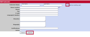 The Add Instructors page with the search icon and Submit button circled