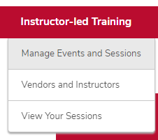 The ILT menu expanded with the Manage Events & Sessions option circled