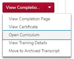 the view certificate button expanded showing the open curriculum option