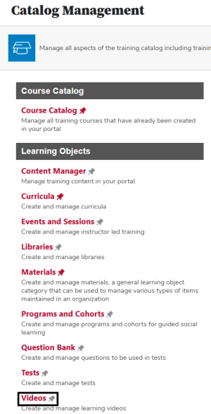 the catalog management page with the Video link circled