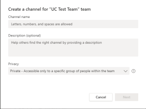 New Private channel window with sample content