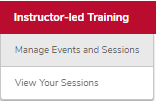The ILT menu expanded with the Manage Events & Sessions option highlighted