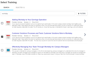 the select training page with a course selected