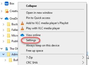 Action menu after right clicking on a synced folder