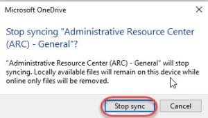 Stop sync confirmation window