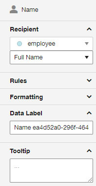the field properties with the data label and tooltip expanded