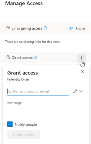 Grant access panel in onedrive