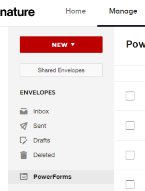 the left-side menu on the manage page