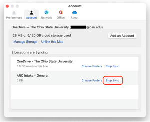 Account window in Preferences on a Mac with Stop Sync highlighted