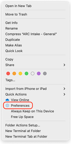 Action menu on a Mac with Preferences highlighted