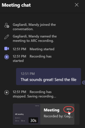 Recorded meeting as it appears in the Chat History of a Teams meeting